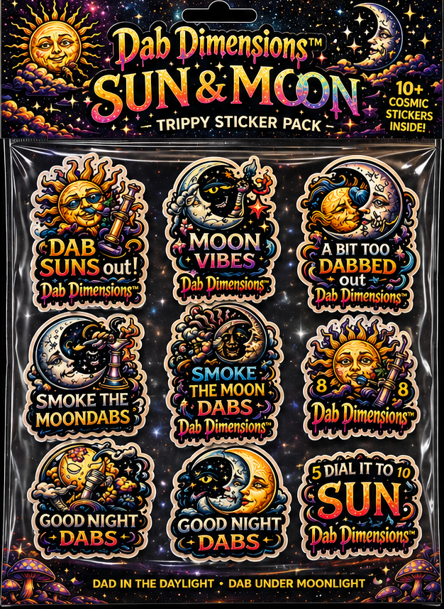 Dab Dimensions™ Sun & Moon Trippy Sticker Pack – Cosmic Psychedelic Sticker Collection